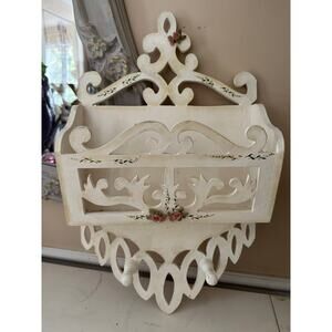 Vintage Handmade Wall Shelf mail holder white cottage wood white shabby hooks